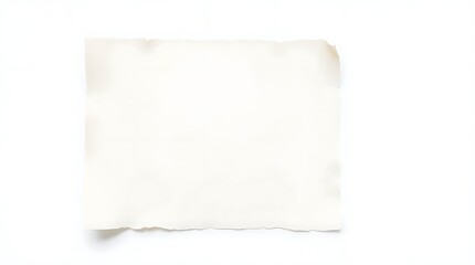 A single piece of off-white paper with slightly torn and uneven edges is isolated against a stark white background.
