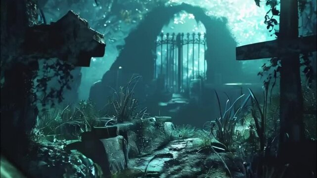 Fantastically mysterious cemetery with tombstones and terribly scary atmosphere, abstract vivid composition consists of fictional unreal fantastic vision on background