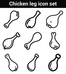 Chicken Leg Line Art Icon Set Featuring Various Culinary Styles and Isolated Elements