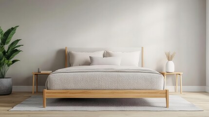 Modern boucle bed with wooden frame in Scandinavian-style interior