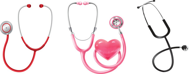Medical equipment. Set of 3 Stethoscope isolated on  transparent background. Vector realistic stethoscope.