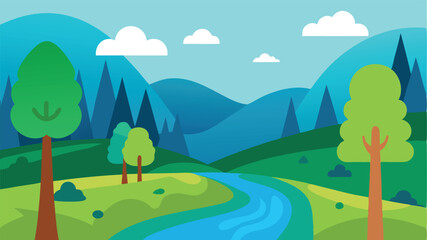 Fototapeta premium landscape with illustration of a cartoon forest with a river 