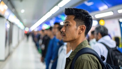 Fototapeta premium Focused Traveler: A portrait of a focused traveler, with determined gaze, stands in a crowded transit station, embodying resilience and determination amidst the urban bustle.