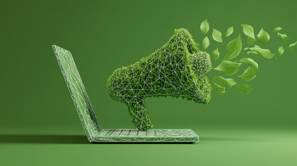 Green Leaf Laptop With Megaphone on Screen Representing Eco Friendly Digital Advertising, Sustainable Marketing Communication and Environmental Awareness Campaigns