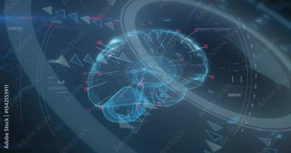 Poster opening on glowing 3d brain model, rotating while pink markers emerging and visualizing neural data