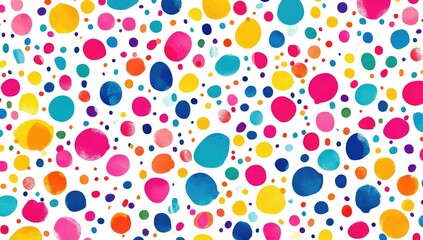 Abstract pattern of colorful, irregular polka dots on white background