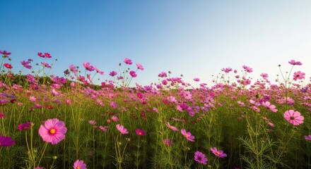 Obraz premium A Picturesque Cosmos Meadow under Clear Blue Sky in Summer