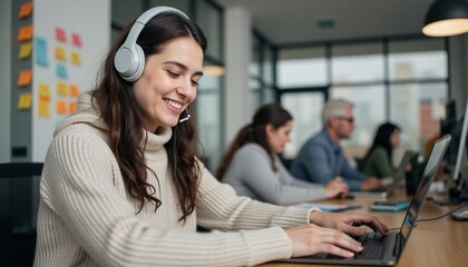 Obraz premium Focused young woman with headphones working on laptop in modern office environment