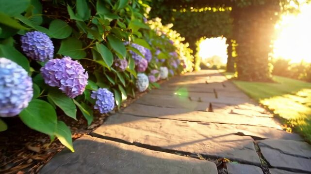 Stone Garden Path Lined with Blooming Hydrangeas at Golden Hour