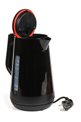 A black electric kettle on a white background.