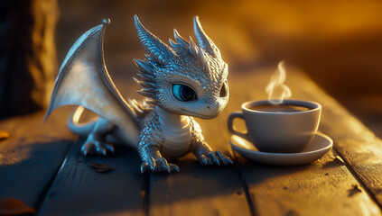 Obraz premium A small, adorable silver dragon lies next to a steaming cup of coffee, its shimmering scales glowing gently in the warm, soft light of the cozy setting.