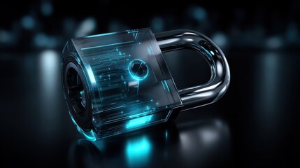 Futuristic, glowing padlock on dark reflective surface