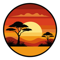 Serene African Sunset Landscape with Silhouette Trees in a Circular Frame