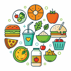 Fototapeta premium Colorful Circular Arrangement of Delicious Foods and Refreshing Beverages Illustration