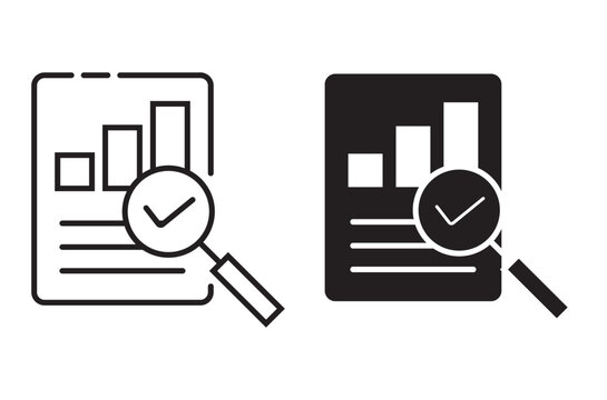 magnifying glass over document icon design, Analytics data stats audit research icon simple vector graphic, statistics chart results report review, profit analysis overview evaluate pictogram