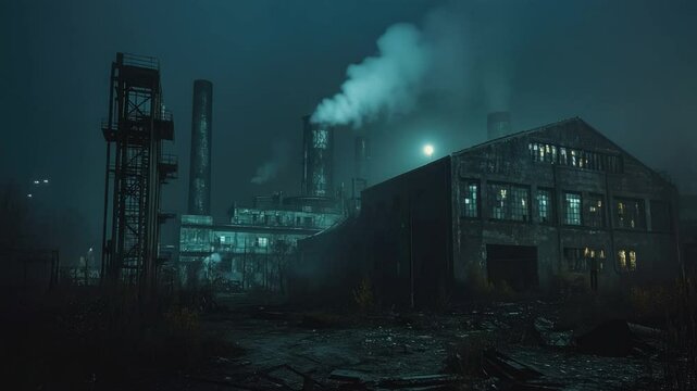 Abandoned Industrial Complex with Smoke in Foggy Night Setting, Ruined Buildings, and Overgrown Grass, Atmospheric and Eerie Environment transparent background png
