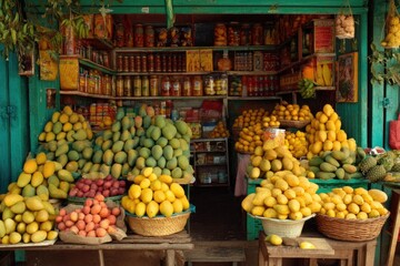 A vibrant market stall filled with mangoes of various sizes