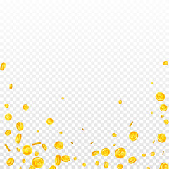 British pound coins falling. Scattered gold GBP