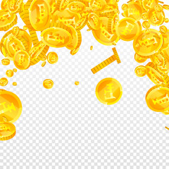 Swiss franc coins falling. Gold scattered CHF