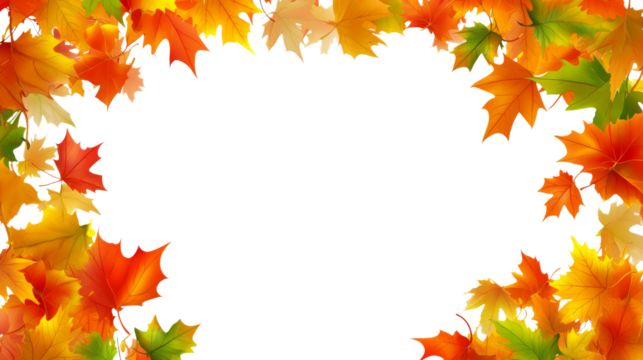 Colorful autumn maple leaves frame on transparent background
