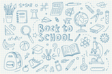 School banner with doodles drawn with pen on sheet of squared notebook paper. Hand drawn school supplies, stationery: globe, backpack, notebook, microscope, pencil. Back to School banner, poster.