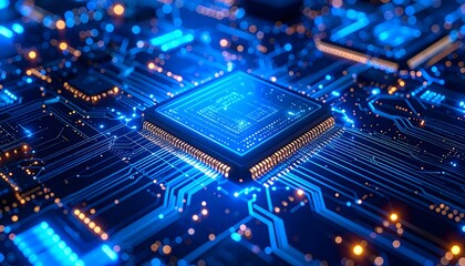 Obraz premium Extreme macro of futuristic CPU with glowing blue and cyan circuits, shallow depth of field, showcasing digital complexity and cutting-edge microchip architecture.