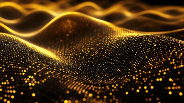 Abstract golden wave patterns with glowing particles creating a dynamic and mesmerizing flow in artistic digital design transparent background png