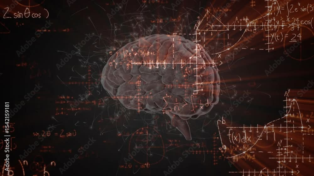 Poster forming 3d brain model showing neural activity, emitting glowing formulas multiplying, floating