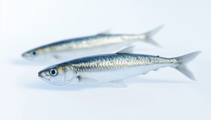 Naklejka premium Sardines Swimming In The Ocean Depths - Depicting A School Of Small Silvery Fish Gracefully Navigating The Seawater With Synchronized Movements.