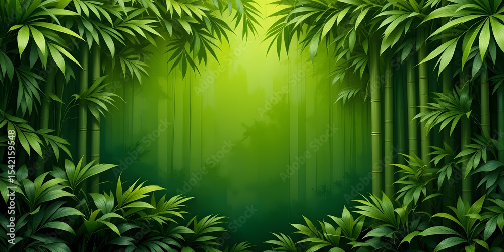 Poster Lush Tropical Background With Bamboo, Green Tones Creating Overlapping Natural Textures. Perfect For Design Projects, Adding Natural Elements, Evokes Relaxing Vibes, Great For Exotic Travel Themes.