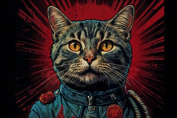 Fototapeta premium Artistic illustration of a cat in a military uniform with bold colors 