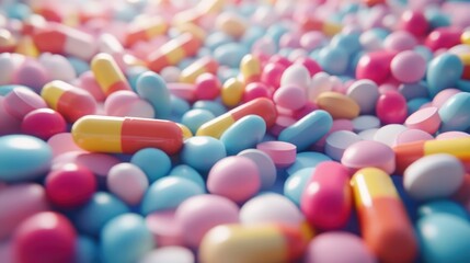 Close-up view of assorted colorful pills and capsules.  A multitude of vibrant pills and capsules in various shapes and hues, creating a colorful and detailed visual