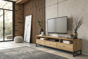 Modern living room interior with tv console and decorative elements