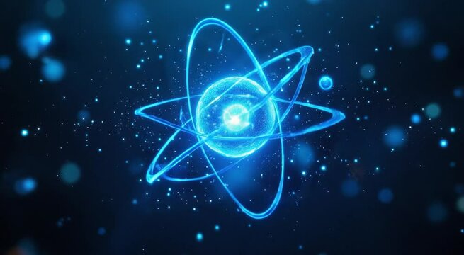 A glowing blue atom floating in a dark digital space, surrounded by energy particles and orbiting electrons&mdash;symbolizing atomic structure, science, and futuristic energy in stunning ultra-HD. 4k