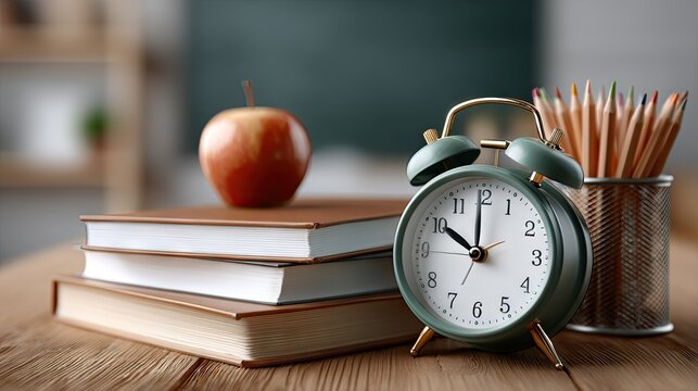 Back-to-school preparation with books, a green alarm clock, colored pencils, and an apple on a wooden table