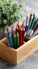 Top-down view of a school desk with various art supplies including pencils, scissors, and notebooks. Designed with art deco elements, ideal for creative projects.