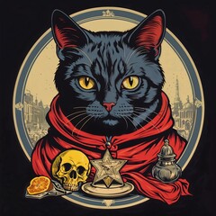 Cat with yellow eyes wearing red scarf surrounded by skull and symbols  