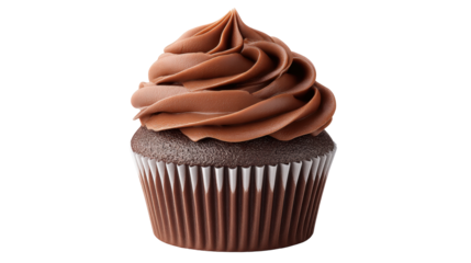 Chocolate cupcake isolated on transparent background with creamy frosting swirl