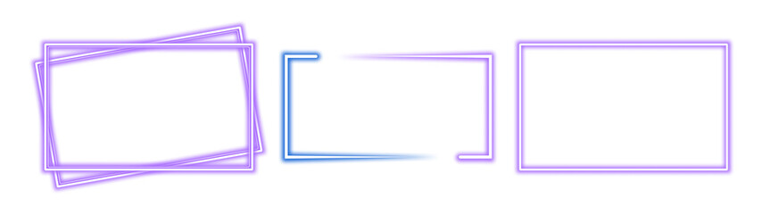 Violet purple neon set of rectangle shape frames. Vivid glowing lavender border isolated on transparent background. Shine glow light electric purple neon sign Banner, Mockup, presentation element, PNG