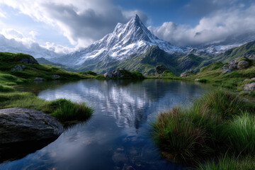 Majestic mountain reflection in serene lake surrounded by lush greenery during daytime