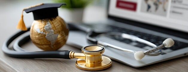 A stethoscope and graduation cap rest atop a globe next to a laptop, representing online education and global business training with charts reflecting world data.