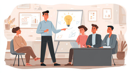 Business Idea Presentation Concept. Vector cartoon illustration of an office worker presenting his idea with a light bulb in front of his colleagues. Isolated on background 