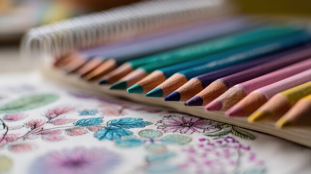 Colorful Pencils on Spiral Notebook Ready for Art Projects Creative Drawing Supplies