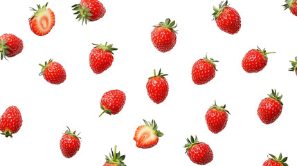 Fresh strawberries falling on transparent background seamless pattern