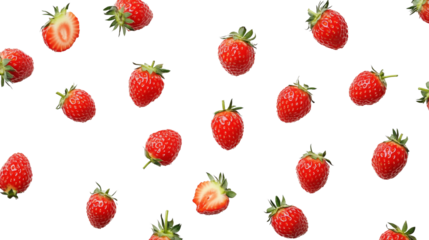 Fresh strawberries falling on transparent background seamless pattern