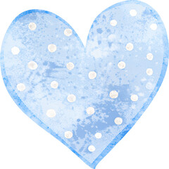 Watercolor blue heart with white polka dots on transparent background.