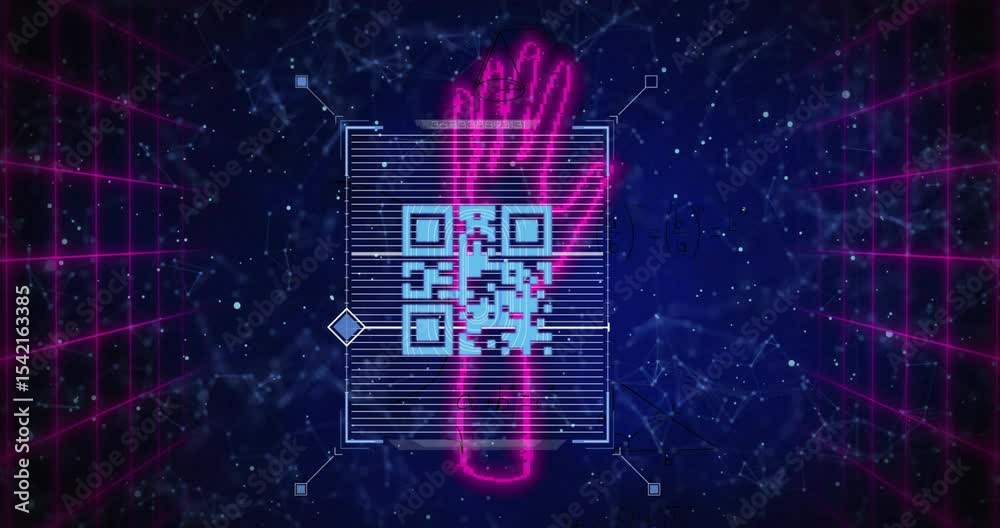 Poster neon hand outline appearing then rotating under scan frame while qr code forming for authentication