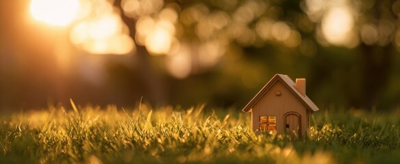 The tranquil scene of a miniature house in a sunlit grassy field.
