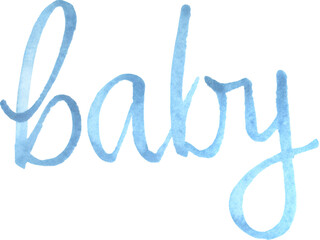 Watercolor 'baby' text in light blue on transparent background.