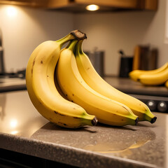 Closeup of Two Ripe Yellow Bananas on a Kitchen Counter with Warm Bokeh Lighting  